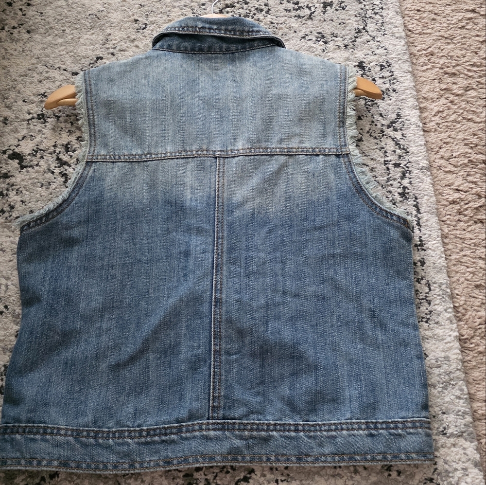 Western Boho Denim Vest Distressed Aztec Pattern Womens L Blue - Picture 5 of 5